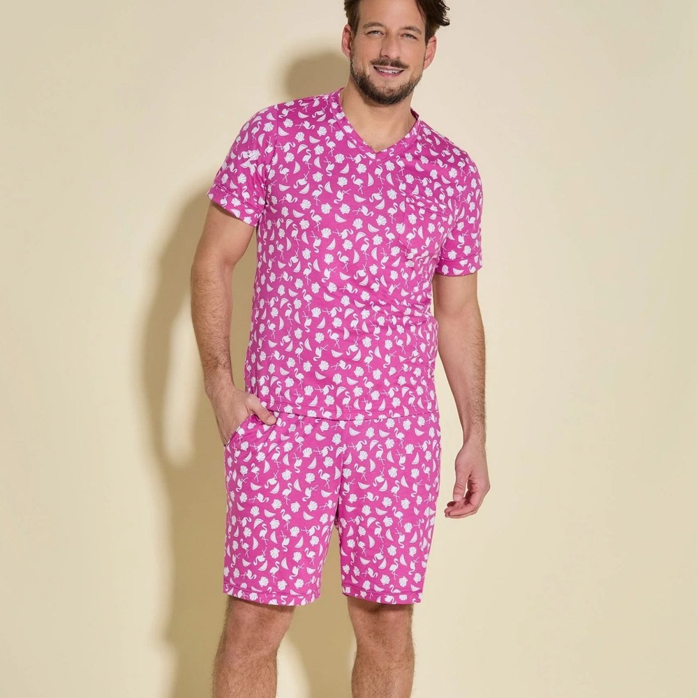 Cosabella Mens Pink Flamingo Seashell Print‎ Pajama Set V-Neck Top Shorts NEW